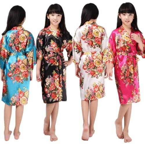 Flower Girl Floral Silk Kids Kimono Robe Bridesmaid Bride Robe Satin Robes Wedding Robe Child Nightgown Bathrobe 4/8/12 Size