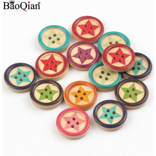 50Pcs 20mm Star Pattern Wooden Round Sewing Buttons For Clothing Scrapbooking Decoration DIY Needlework Buttons Accessories