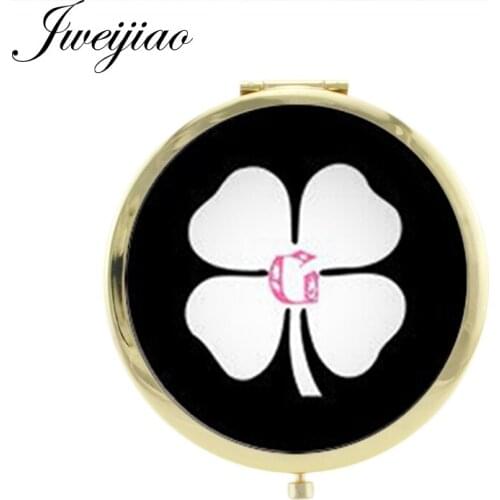 JWEIJIAO white and black Lucky Clover Round Folding Compact mirror natural plant ink painting Pictures Mini Hand Mirror QF343