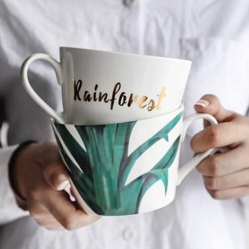 1pc Green Leaf Design Mug European Style Ceramic Milk Mug Water Cup Fine Bone China Coffee Mug Tea Cup Drinkware
