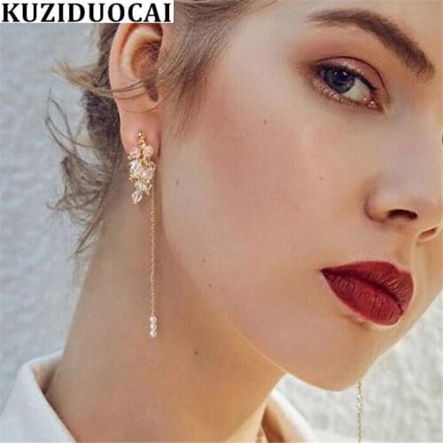 Kuziduocai New Fashion Jewelry Crystal Pearl Grape-like Chain Statement Drop Earrings For Women Girl Brincos Pendientes E-1701