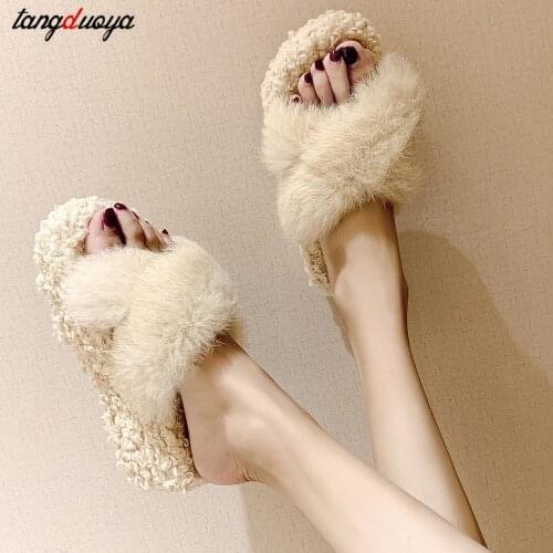 Fur Fluffy Wedge slippers Autumn Winter Women cross Furry Plush Slides Shoes platform Girl Luxury Indoor Footwear warm Slippers