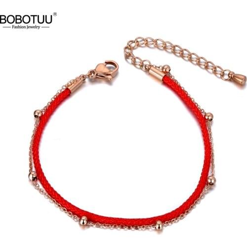 BOBOTUU Trendy Double Layer Stainless Steel Red Rope Good Lucky Bracelets For Women Girl Ethnic Chinese Bracelet Jewelry BB19145