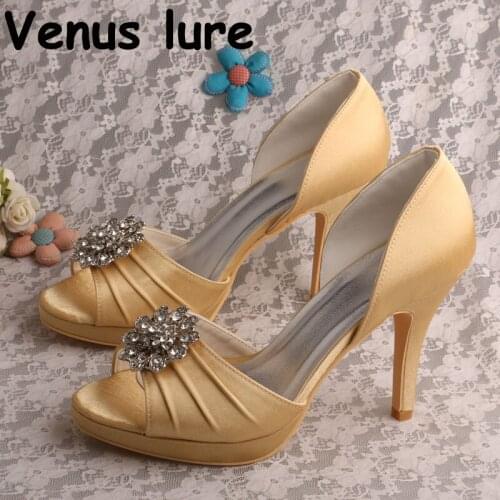 Fashionable Gold High Heels Wedding Peep Toe Pleated Women Prom Shoes