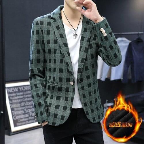 HOO 2021 Autumn and Winter Mens Leisure Suit Slim-Fit Plaid Fleece-Lined Handsome blazer