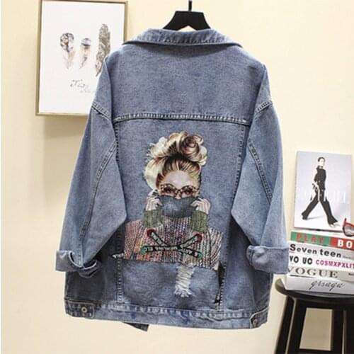 NEW Womens jeans Jacket 2020 Printed Frayed Beading Denim Jacket Spring Loose Casual Coat Female Jacket Outwear