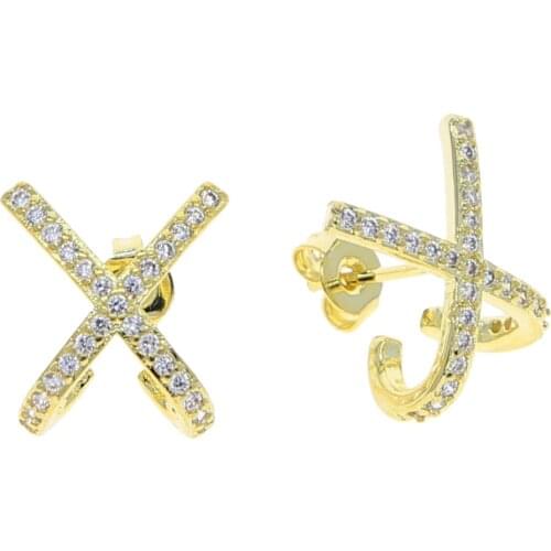 NEW arrival brass gold color stud Earring For Women Charming Zircon crpss X shape Earrings Jewelry