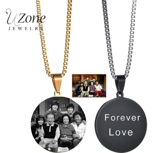 Uzone Personalized Stainless Steel Round Pendant Necklace Custom Engraved Name Date Photo Necklaces For Family Memorial Gifts