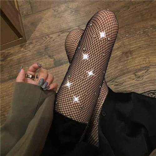Rhinestone Sexy Fishnet Transparent Womens Tights Diamond Slim Nylon Mesh Pantyhose Nightclub Party Shinny Lingerie Black Tight