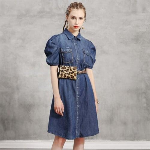 Summer Denim Dress With Bag 2020 Vintage Women Lantern Sleeve Dresses Pockets Turn-down Collar Single Breasted K82232 Vestidos