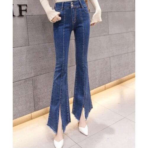 Flare Pants Tassel Split Jeans Skinny Vintage Denim Pants sexy Slim Elastic Trousers Korean Style Fashion ladies Jeans Plus Size