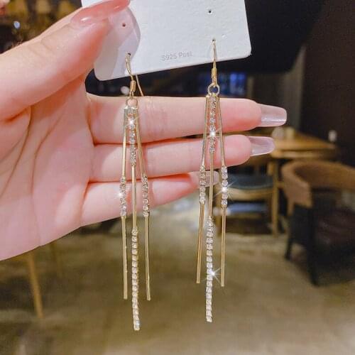 Temperamental Premium Texture Crystal Tassel Long Earrings Female Fashion Jewelry Delicate Geometry Shining Earrings