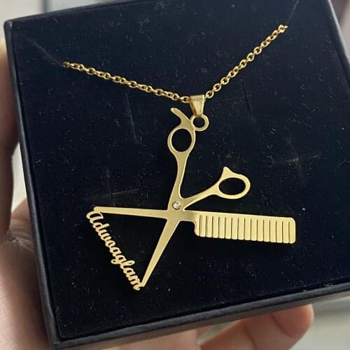 Noelia Hairdresser Scissors Birthstone Pendant Necklace Personalized Custom Name Plate Necklace Jewelry Gift for Women Girl