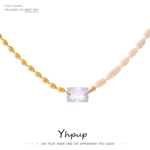Yhpup Luxury Natural Pearl Pendant Bling Cubic Zirconia Necklace 18 K Stainless Steel Metal Collar Necklace Bijoux Gift 2021