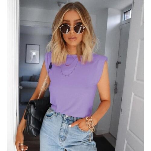 2021 New Women Padded Shoulder T-shirts Sleeveless Solid Color Round Neck Top Office Lady Pullover Fashion Women Elegant Clothes