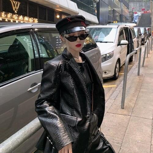 Autumn retro snake pattern streetwear leather jackets female single breasted was thin pu leather jackets outerwear F62 dropship