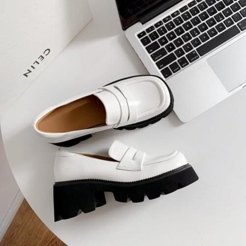 Chic Trending Chunky Goth Penny Loafers Women High Heels Platform Natural Genuine Leather Shoes Woman Autumn Winter Black Beige