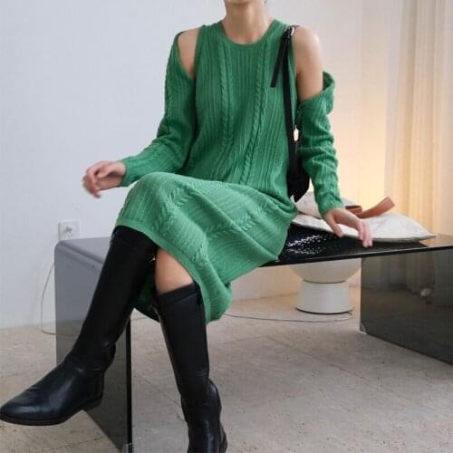 Spring and autumn womens casual solid color cardigan shawl knitted top + round neck sleeveless knitted dress