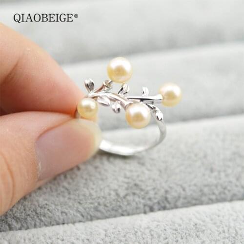 QIAOBEIGE wholesale pearl ring 925 silver diy accessory component jewelry fittings for women tree branches and leaves open rings