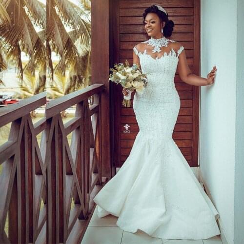 Plus Size Mermaid Wedding Dresses Bridal Gowns Crystal High Neck Vintage Tulle Lace Appliques Country Africa robe de mariée