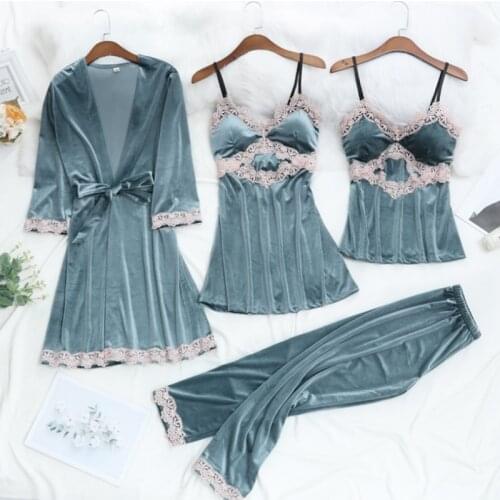 4-piece Gold Velvet Pajamas Set Sexy Lace Women Winter Warm Sleepwear Sleeveless Strap Nightwear Robe Trousers Pyjamas Homewear
