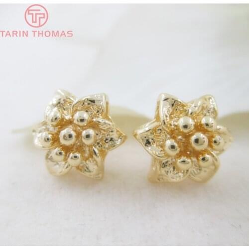 6PCS Flower 9MM 24K Champagne Gold Color Plated Brass Flower Stud Earrings Jewelry Findings Accessories
