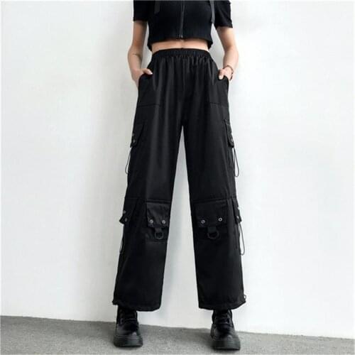 Gothic Style Streetwear Women Black Wide Leg Pants Elastic Waist Pants Both Side Pockets Rope Chain Accessories Trend Hip Hop