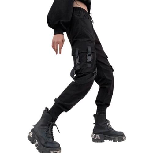 2020 Women Cargo Pants New High Waist Black Big Pockets Loose Sport Pants Casual Trousers Female Harem Pants Streetpants P9092