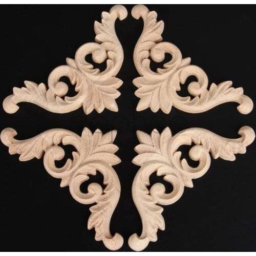 Dophee 4pcs Floral Wood Carved Corner Applique Wooden Carving Decal for Furniture Cabinet Door Frame Wall Home Decor Crafts 8cm