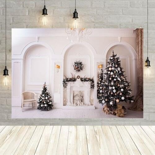Avezano Photography Background Winter Christmas Decor Tree Chair Fireplace Indoor White wall Toy Bear Backdrops For Photo Studio
