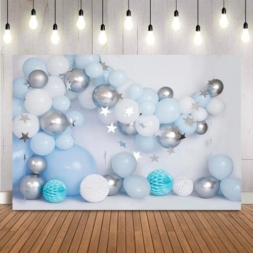 Blue Balloons Birthday Backdrop for Boy Newborn Children Kids Portrait Photography Backdrop Stars Cake Smash Photo Background