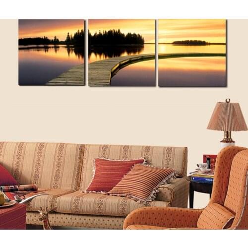3 Pieces Painting Abstract Dusk Scenery Wall Art Pictures Set The Wooden Bridge In Lake Canvas Print For Modern Decor NO FRAME