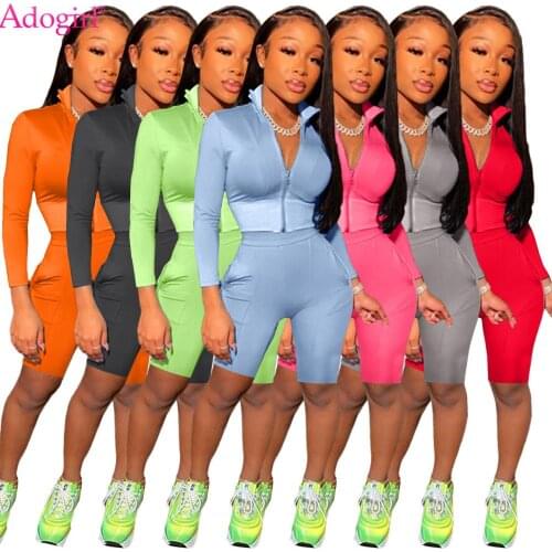 Adogirl Women Solid Short Two Piece Set V Neck Long Sleeve Zipper Tight Waist Top Shorts Tracksuit Fashion Sports Outdoor Suit
