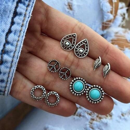 Vintage Geometric Cute Stud Earrings Set For Women Silver Color Round Alloy Crystal Earrings Fashion Jewelry 2020 Brincos