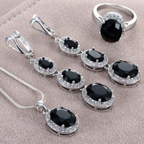 Luxury Silver Plated Oval Cut Cubic Zirconia Wedding Jewelry Set Black Gems Crystal Necklace Cocktail Party Womens Jewelry Gift