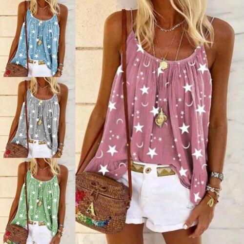 Plus Size Sleeveless Summer Crop Top Star Moon Print Spaghetti Strap Blouse U-neck Sleeveless Summer Vest Camisole for Holiday