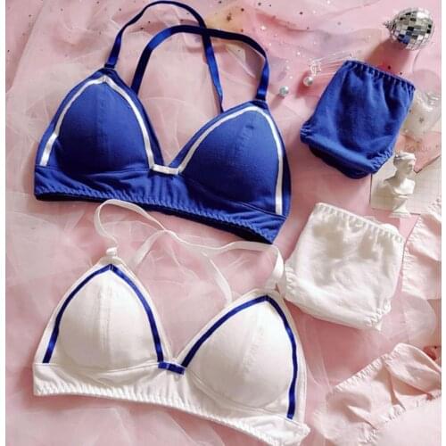 Cute Navy Salior Japanese Thin Bra & Panties Set Wirefree Soft Underwear Sleep Intimates Set Kawaii Lolita Cross Straps