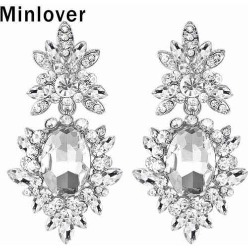 Minlover Silver Color Crystal Flower Wedding Earrings for Women Luxury Rhinestone Large Long Drop Earrings Party Jewelry MEH1080