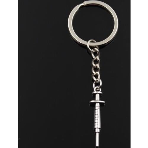 Fashion Keychain 36x9mm doctor nurse syringe silver color pendants DIY Men Jewelry Car Key Chain Ring Holder Souvenir For Gift