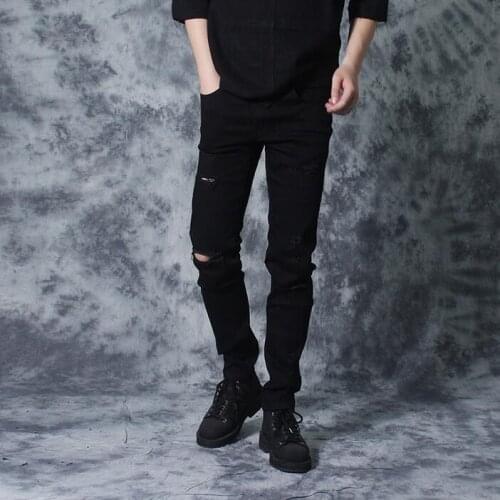 219 autumn winter men feet trousers personality hole jeans fashion slim mens casual pants novelty black pantalones hombre cargo