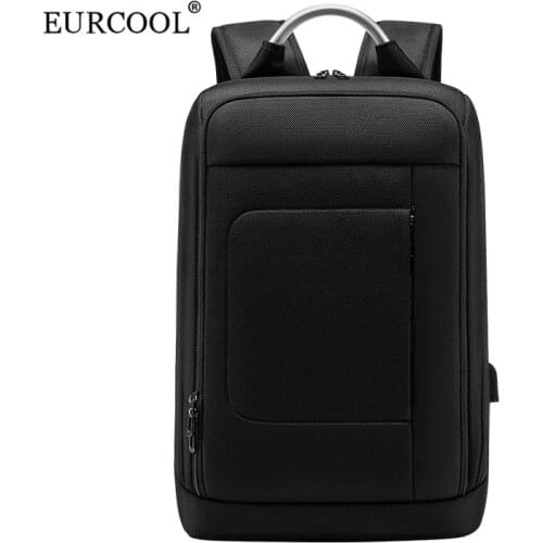 EURCOOL Expandable Backpack Men USB Black Business Slim Bag Thin and Light Waterproof Backpack Office Oxford Zipper Travel Bag