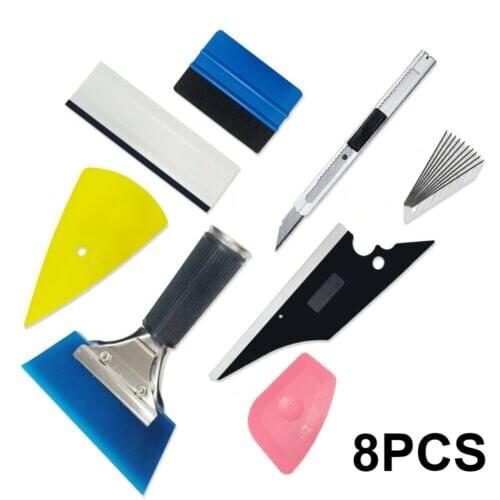 8-piece car glass protective film set, used for car window glass packaging, including mounting clips, scrapers, and film cutters