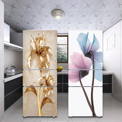 Refrigerator Decal Gold Pink Blue Flower PVC Kitchen Decoration Full Cover Film Living Room Fridge Waterproof Sticker Removable