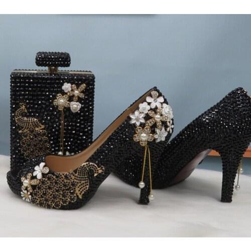 New Women Peep Toe Sandals Open Toe Black Crystal Peacock Bride Wedding Shoes and bag Party Dress High heels Ladies Thin Heels