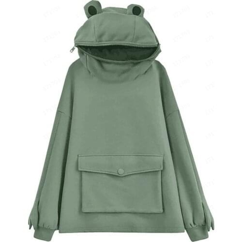 New plush sweater womens mid length design super cute frog hooded lazy wind jacket hoodies