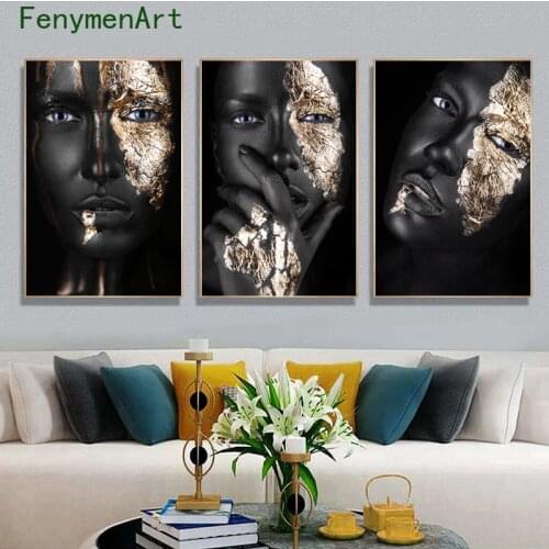 African Black Gold Woman Poster And Prints Pretty Face Canvas Painting Wall Art Picture For Living Room Home Decor No Frame