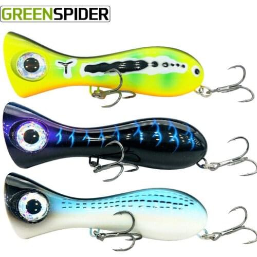GREENSPIDER Big Game Lure 105mm 39g New Popper Fishing Lures Top Water Hard Bait 3D Eyes Big Mouth Popper Lure With VMC HOOK