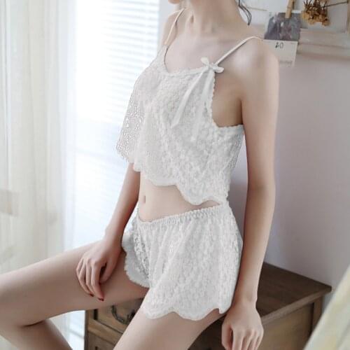 Transparent Womne Sexy Lace Sheer Elastic Camisole Satin Erotic Renda Short Lingerie Nightwear Pajama Set Lenceria Sensual Mujer