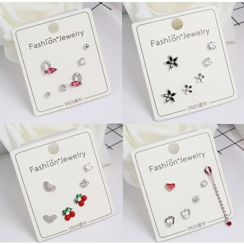 925 Sterling Silver Crystal Simple Small Charm Piercing Stud Earring Sets For Women Ear Studs Sets S925 Holiday Gifts 3pair/Set