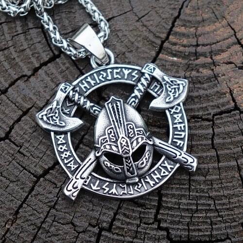 Slavic Warrior Ax Runes 316L Stainless Steel Pendant Mens Viking Pagan Amulet Jewelry